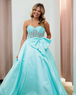 Sweetheart Corset A Line Prom Dresses Long Satin Beaded Party Dresses with Bow