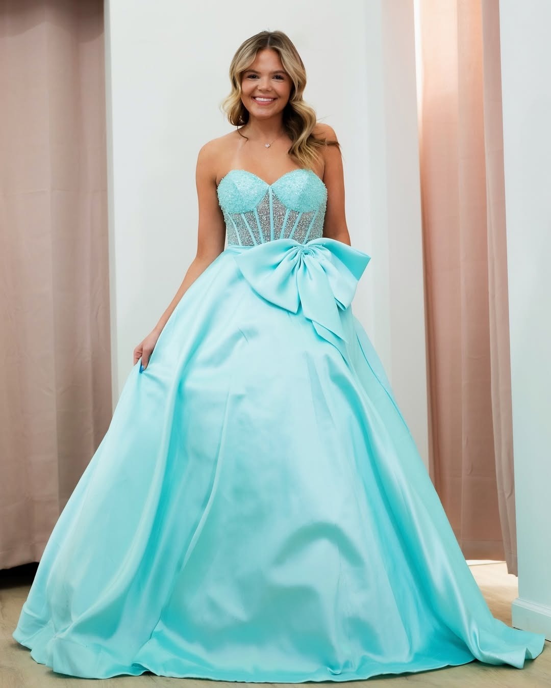 Sweetheart Corset A Line Prom Dresses Long Satin Beaded Party Dresses with Bow