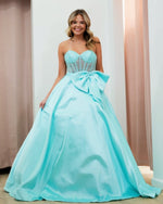 Sweetheart Corset A Line Prom Dresses Long Satin Beaded Party Dresses with Bow