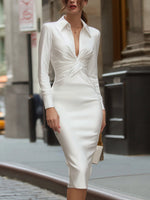 White Long-Sleeve Twist-Front Shirt Evening Dress