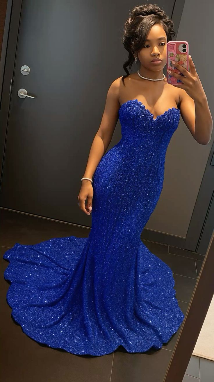 Elegant Mermaid Sweetheart Royal Blue Sequins Black Women Party Dresses Long Formal Prom Dresses 22th Birthday Gown AB1302