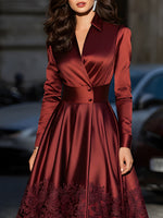 Burgundy Satin Belted Midi Evening Dress With Lace Hem