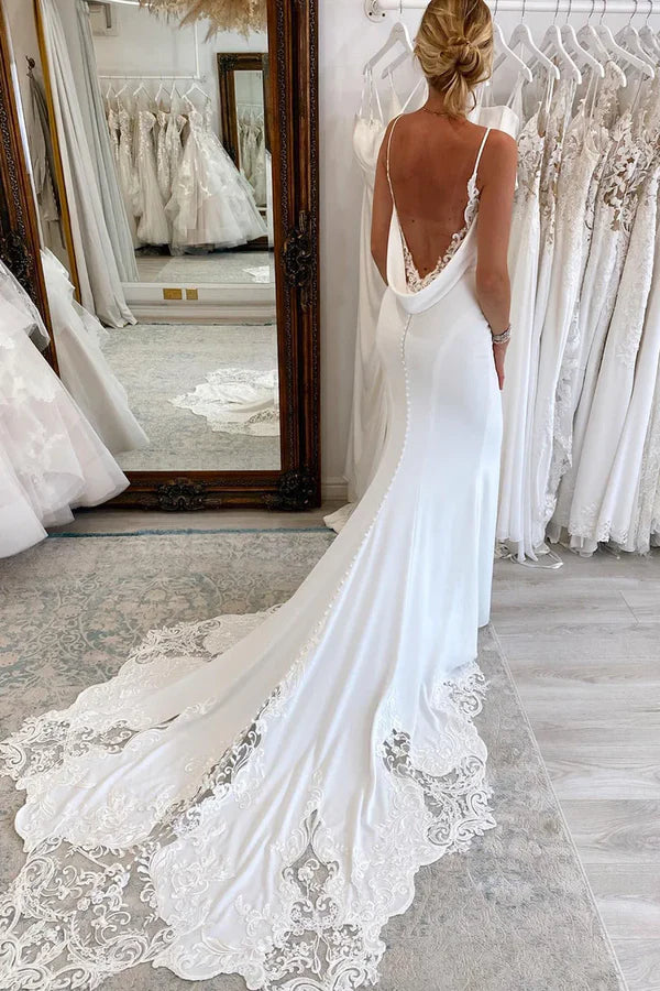Simple Elegant V Neck Satin Long Wedding Dresses with Appliques