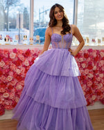 A Line Lilac Tulle Ruffles Prom Dresses Long Appliques Corset Evening Gowns