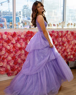 A Line Lilac Tulle Ruffles Prom Dresses Long Appliques Corset Evening Gowns