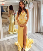 Mermaid Lace Beaded Long Prom Dresses V Neck Satin Evening Gowns