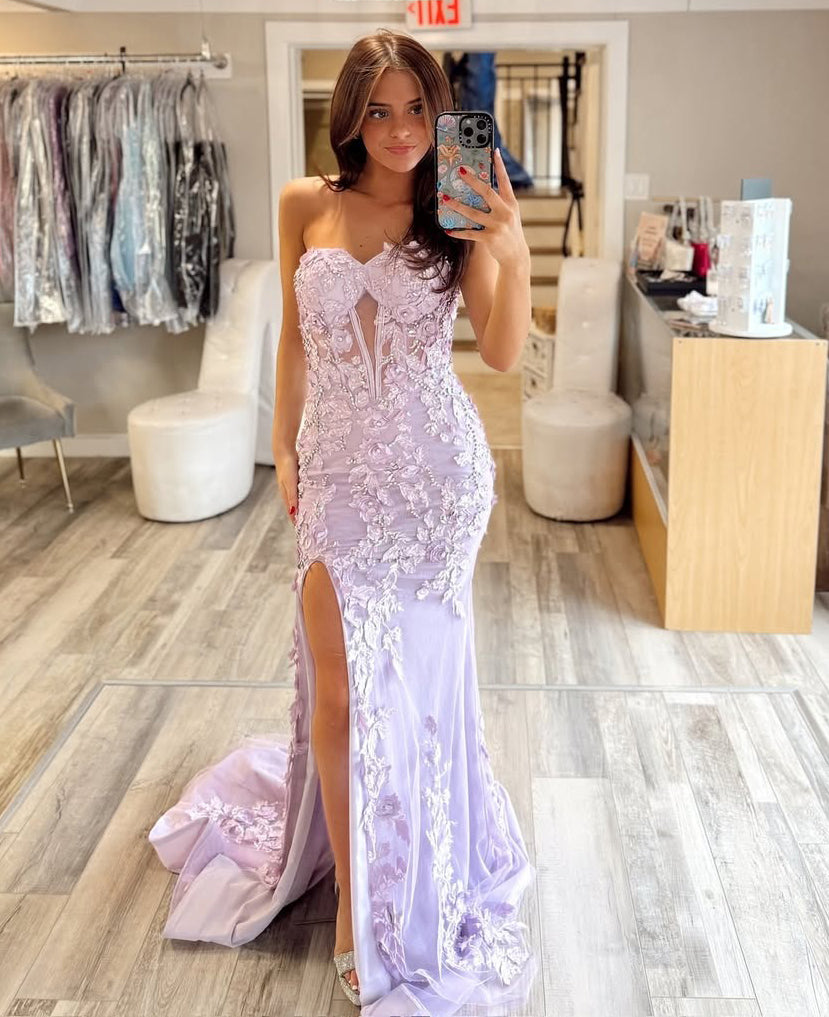 Sweetheart Tulle Lace Prom Dresses Long Appliqued Evening Party Gowns with Slit