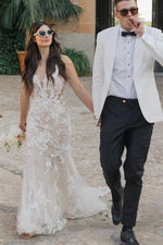 Mermaid V Neck Tulle Lace Sleeveless Wedding Dresses