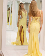 Satin Mermaid Lace Beaded Long Prom Dresses V Neck Evening Gowns with Slit