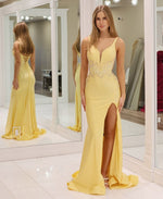 Satin Mermaid Lace Beaded Long Prom Dresses V Neck Evening Gowns with Slit