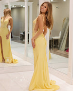 Satin Mermaid Lace Beaded Long Prom Dresses V Neck Evening Gowns with Slit