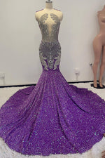 Lavender Scoop Sleeveless Sequins Mermaid Prom Dress Open Back With Beadings