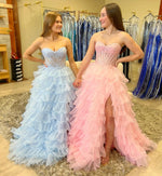 A Line Sweetheart Long Prom Dresses Tulle Lace Appliqued Ruffles Party Gowns