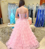 A Line Sweetheart Long Prom Dresses Tulle Lace Appliqued Ruffles Party Gowns