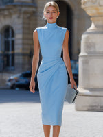 Sky Blue High-Neck Ruched Midi Sheath Dress