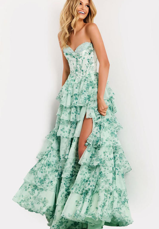 Sweetheart Green Sleeveless Flowers Floral Print A-Line Tassel Prom Dress