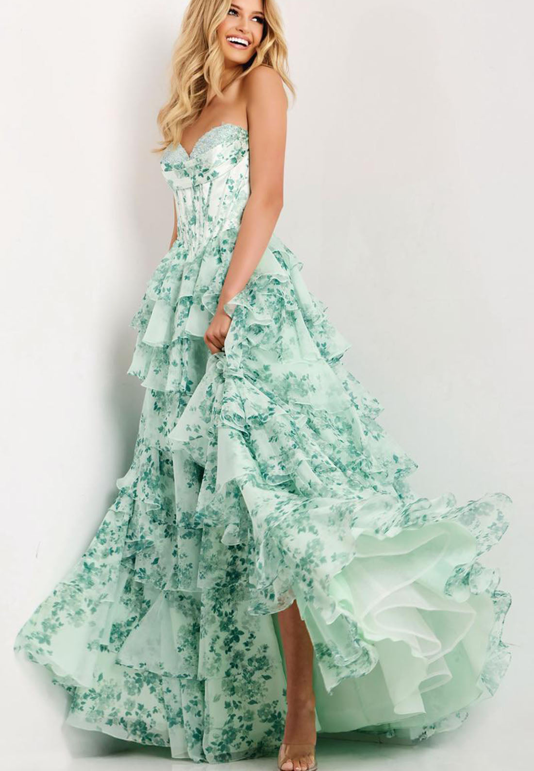 Sweetheart Green Sleeveless Flowers Floral Print A-Line Tassel Prom Dress