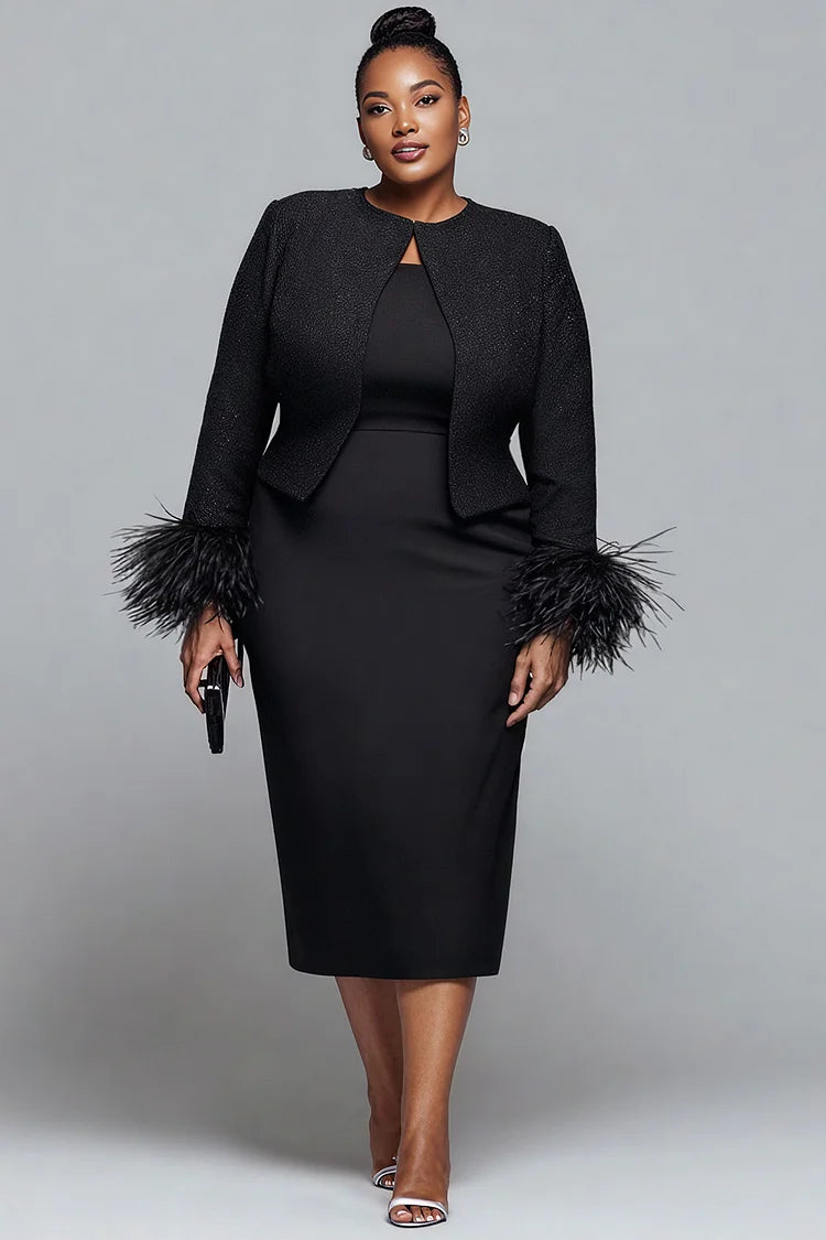 Plus Size Cocktail Party Black Round Neck Long Sleeve Feather Elegant Two Piece Dress Set [Pre-Order]