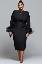 Plus Size Cocktail Party Black Round Neck Long Sleeve Feather Elegant Two Piece Dress Set [Pre-Order]