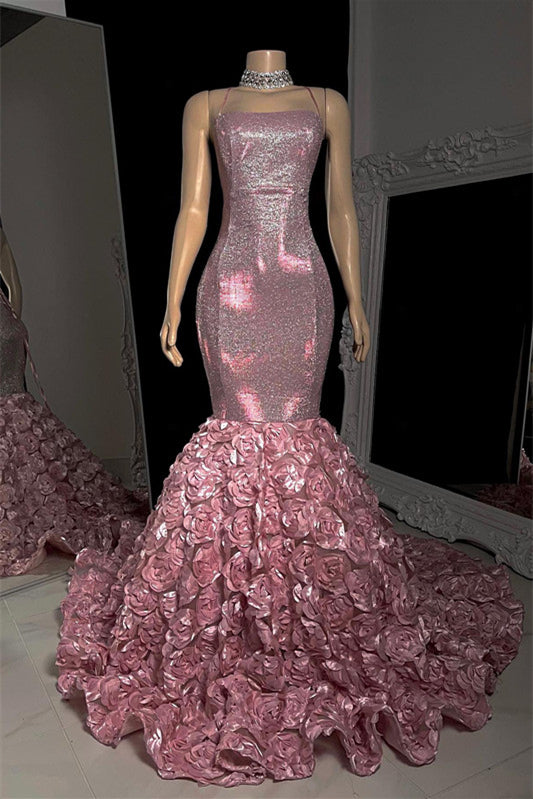 Modern Dusty Pink Sleeveless Mermaid Sequins Prom Dress Long With Flowers Bottoms