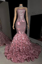 Modern Dusty Pink Sleeveless Mermaid Sequins Prom Dress Long With Flowers Bottoms