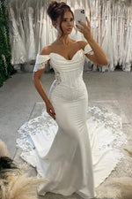 Elegant Mermaid Off the Shoulder Elastic Satin Wedding Dress with Appliques