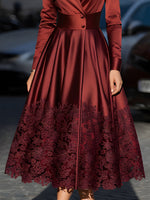 Burgundy Satin Belted Midi Evening Dress With Lace Hem