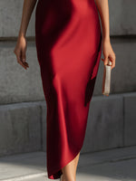 Ivory Burgundy Asymmetric Color-Block Satin Midi Dress