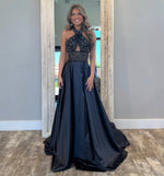 A Line Satin Beaded Long Prom Dresses Black Evening Gowns with Keyhole