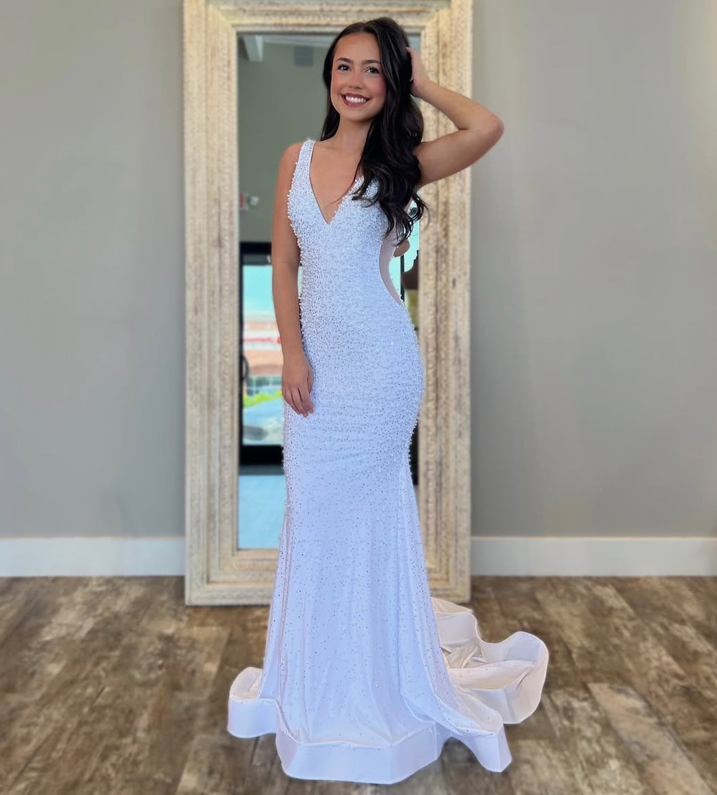 Glittery Sequins V Neck Prom Dresses Long Mermaid Plus Size Evening Gowns