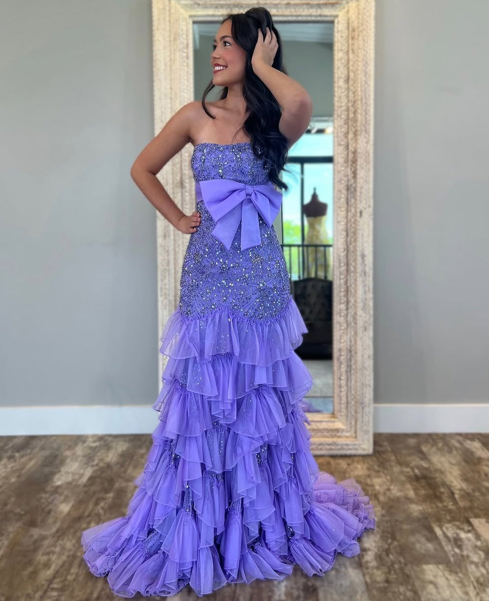 Women's Mermaid Long Prom Dresses Tulle Lace Beaded Evening Dresses with Ruffles