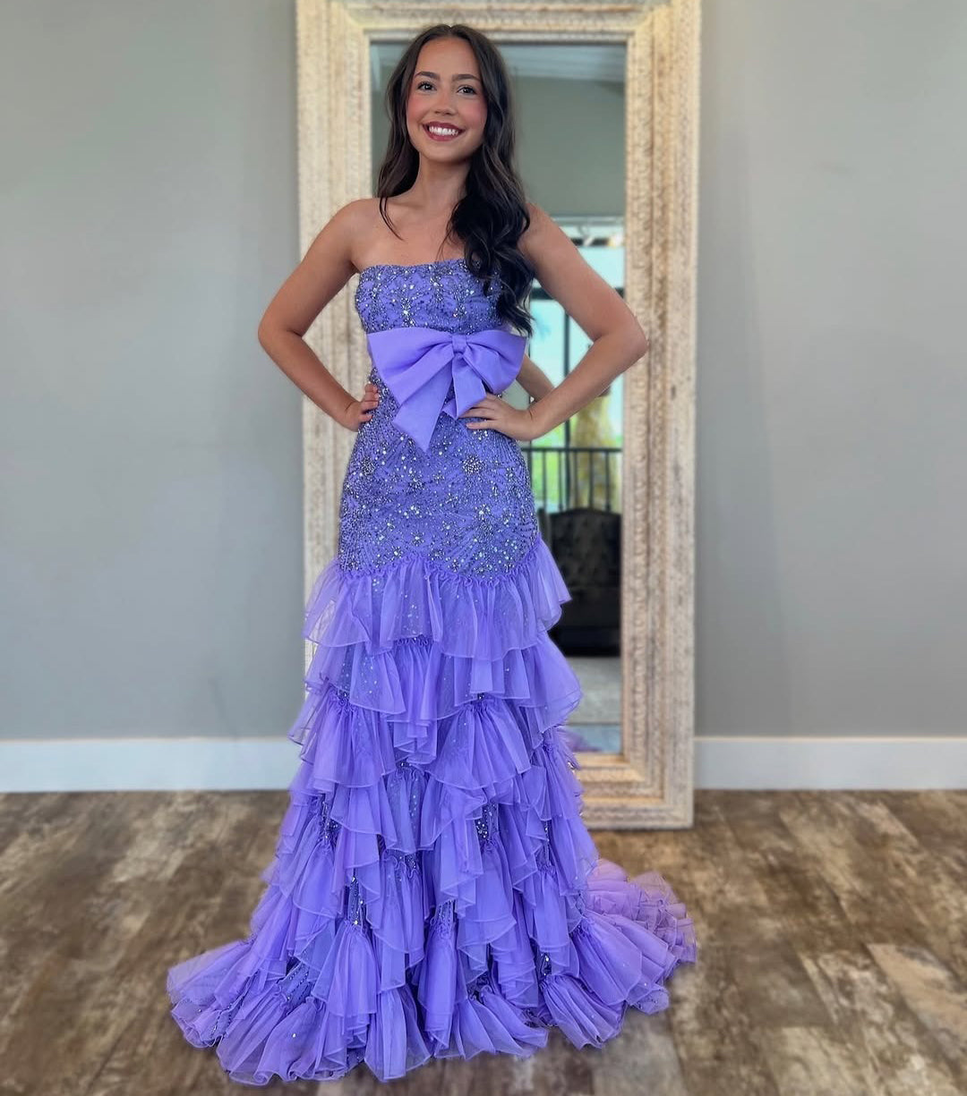 Women's Mermaid Long Prom Dresses Tulle Lace Beaded Evening Dresses with Ruffles