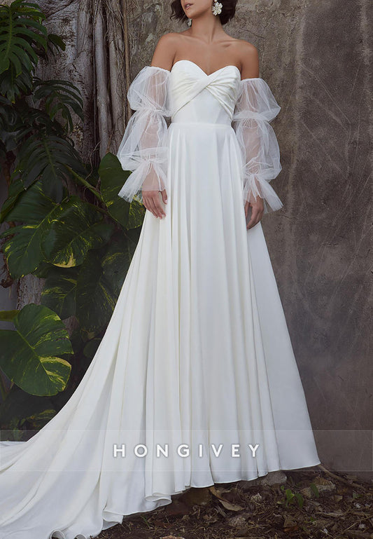 Long Sleeve Off the Shoulder Chapel Train A-line Satin Pleated Low Back Wedding Dresses