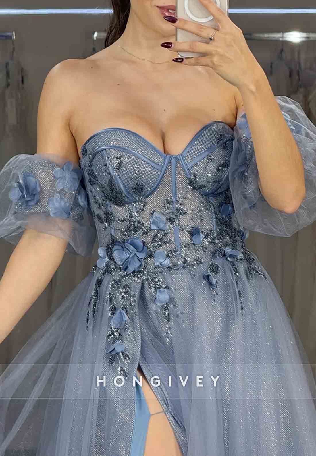 A-Line Sweetheart Off the Shoulder Prom Dresses Long Tulle Appliques Evening Gowns