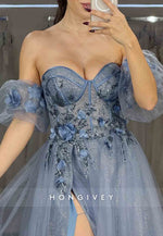 A-Line Sweetheart Off the Shoulder Prom Dresses Long Tulle Appliques Evening Gowns