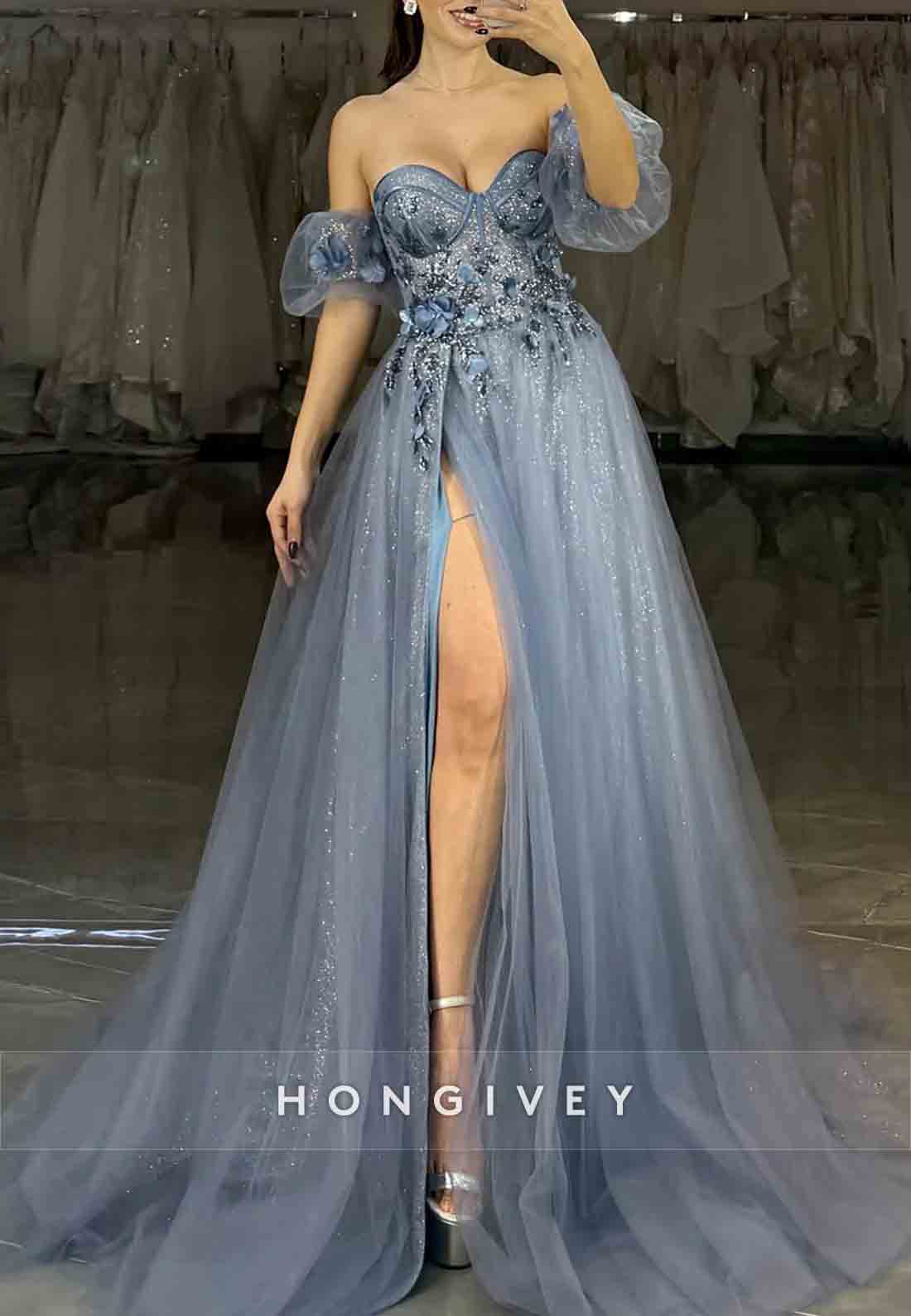 A-Line Sweetheart Off the Shoulder Prom Dresses Long Tulle Appliques Evening Gowns