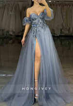 A-Line Sweetheart Off the Shoulder Prom Dresses Long Tulle Appliques Evening Gowns