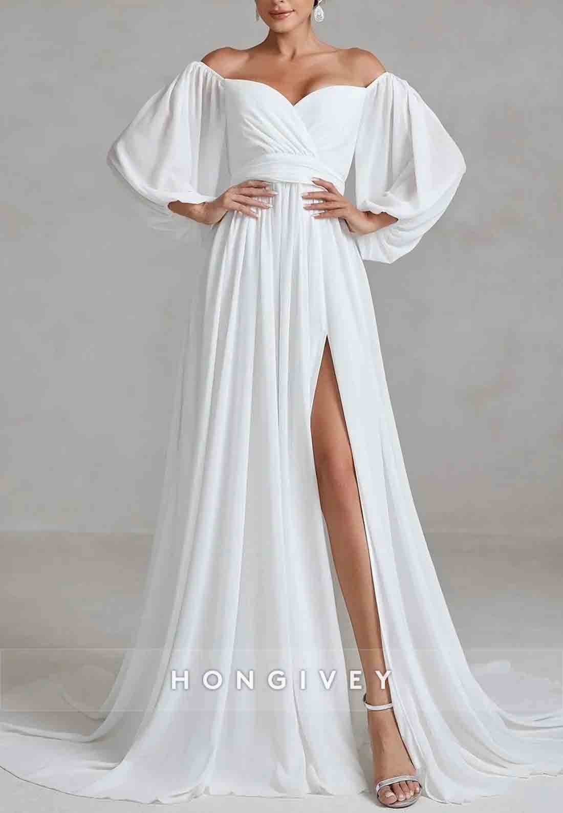 Off the Shoulder Lantern Sleeves Chiffon A-Line Wedding Dress with High Slit