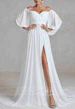 Off the Shoulder Lantern Sleeves Chiffon A-Line Wedding Dress with High Slit