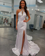 Mermaid Halter Neck Satin Evening Dresses Long Sequin Beaded Prom Gowns