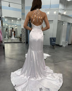 Mermaid Halter Neck Satin Evening Dresses Long Sequin Beaded Prom Gowns