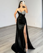Sweetheart Mermaid Satin Beaded Prom Party Dresses Long with Slit