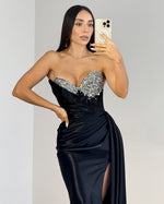 Sweetheart Mermaid Satin Beaded Prom Party Dresses Long with Slit