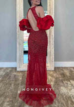 Red Halter Neck Mermaid Open Back Side Slit Prom Dresses with Beading