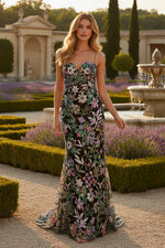 Black Multicolor Embroidered Bustier Trumpet Evening Dress