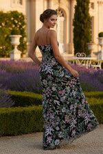 Black Multicolor Embroidered Bustier Trumpet Evening Dress
