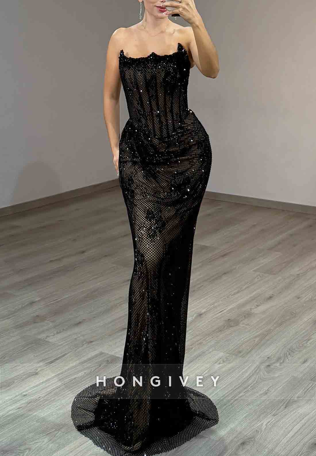 Sparkly Strapless Mermaid Glitter Sweep Train Elegant Prom Dresses