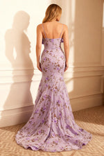 Formal Floral Purple Mermaid Spaghetti Strap Deep Sleeveless with Bow Printing Backless Long Prom Dress
