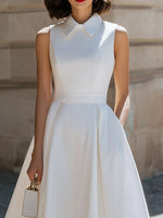 White Sleeveless Collared Fit-and-Flare Midi Dress With Pockets