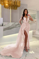 Shiny Blue Split Long Sleeves Mermaid Beaded Prom Dress Appliques Tulle